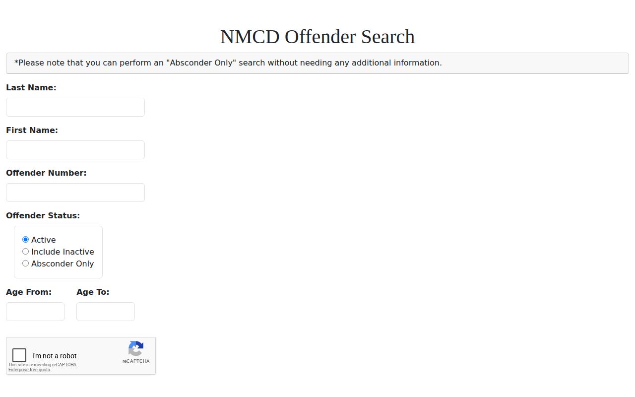 NMCD offender search fields for Otero County released state inmates